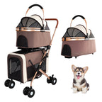 Double Pet Stroller for Dogs and Cats with Foldable Frame - Khaki