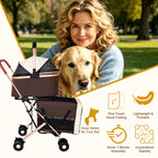 Double Pet Stroller for Dogs and Cats with Foldable Frame - Khaki