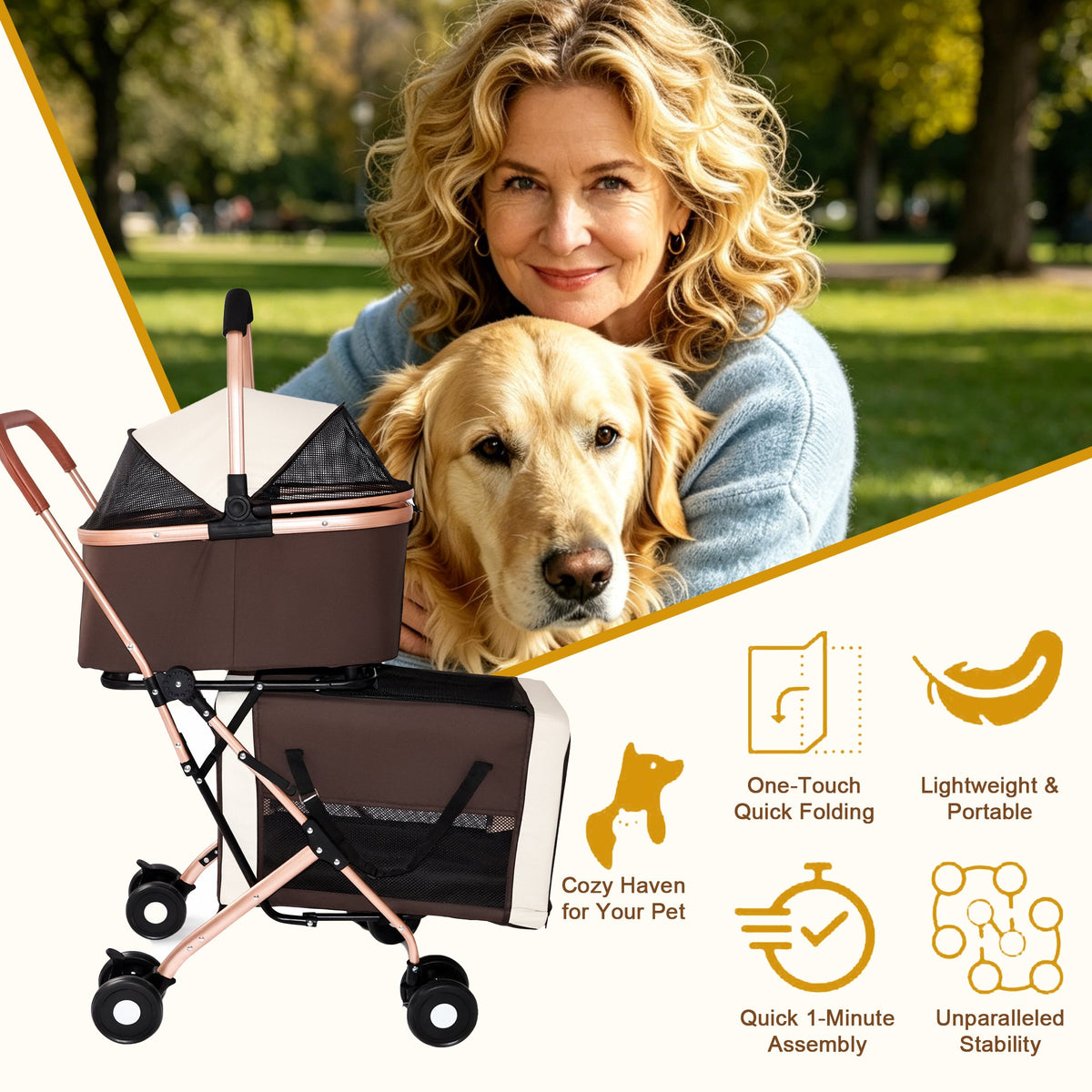 Double Pet Stroller for Dogs and Cats with Foldable Frame - Khaki