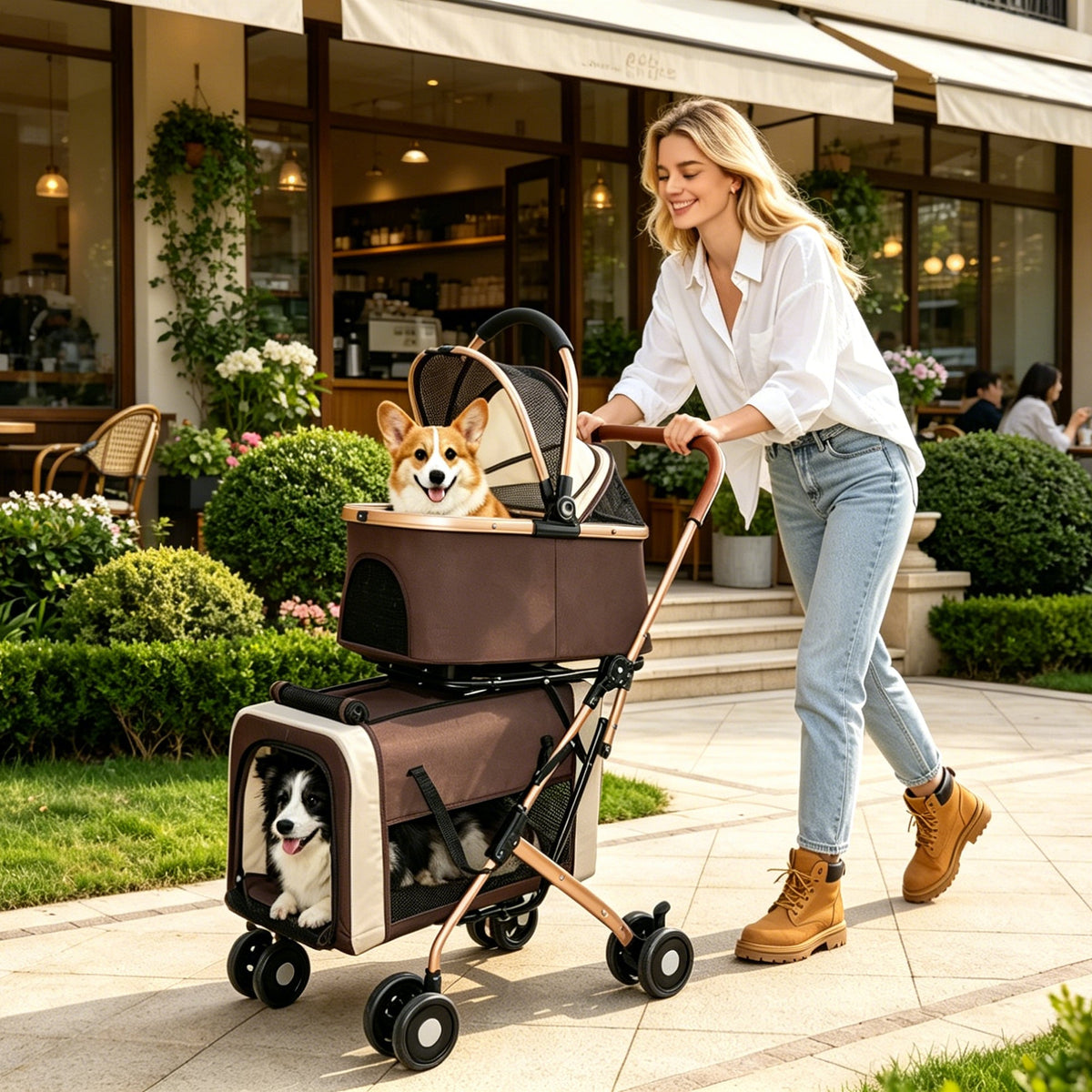 Double Pet Stroller for Dogs and Cats with Foldable Frame - Khaki