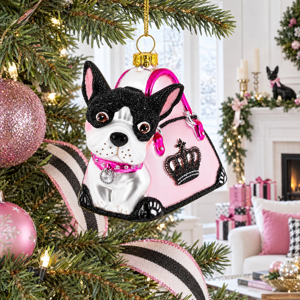 Boston Terrier in Pink Handbag Glass Christmas Ornament