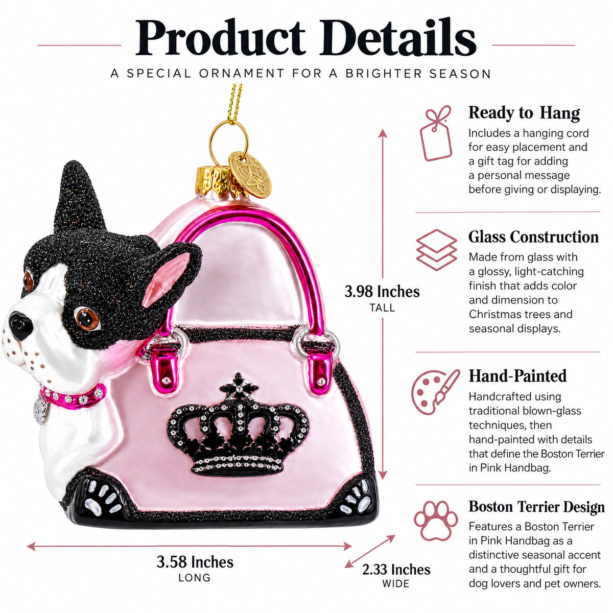 Boston Terrier in Pink Handbag Glass Christmas Ornament